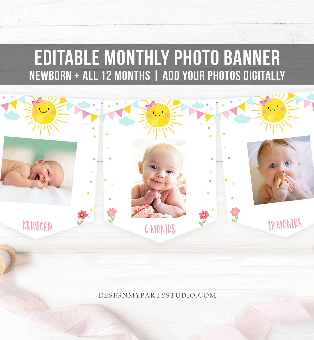 Editable Little Sunshine Monthly Photo Banner First Birthday Banner Pink Girl Bow Sunshine Birthday Decor Summer Digital Corjl Template 0141