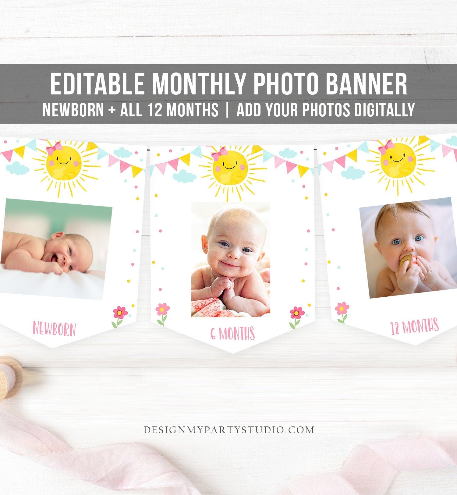 Editable Little Sunshine Monthly Photo Banner First Birthday Banner Pink Girl Bow Sunshine Birthday Decor Summer Digital Corjl Template 0141