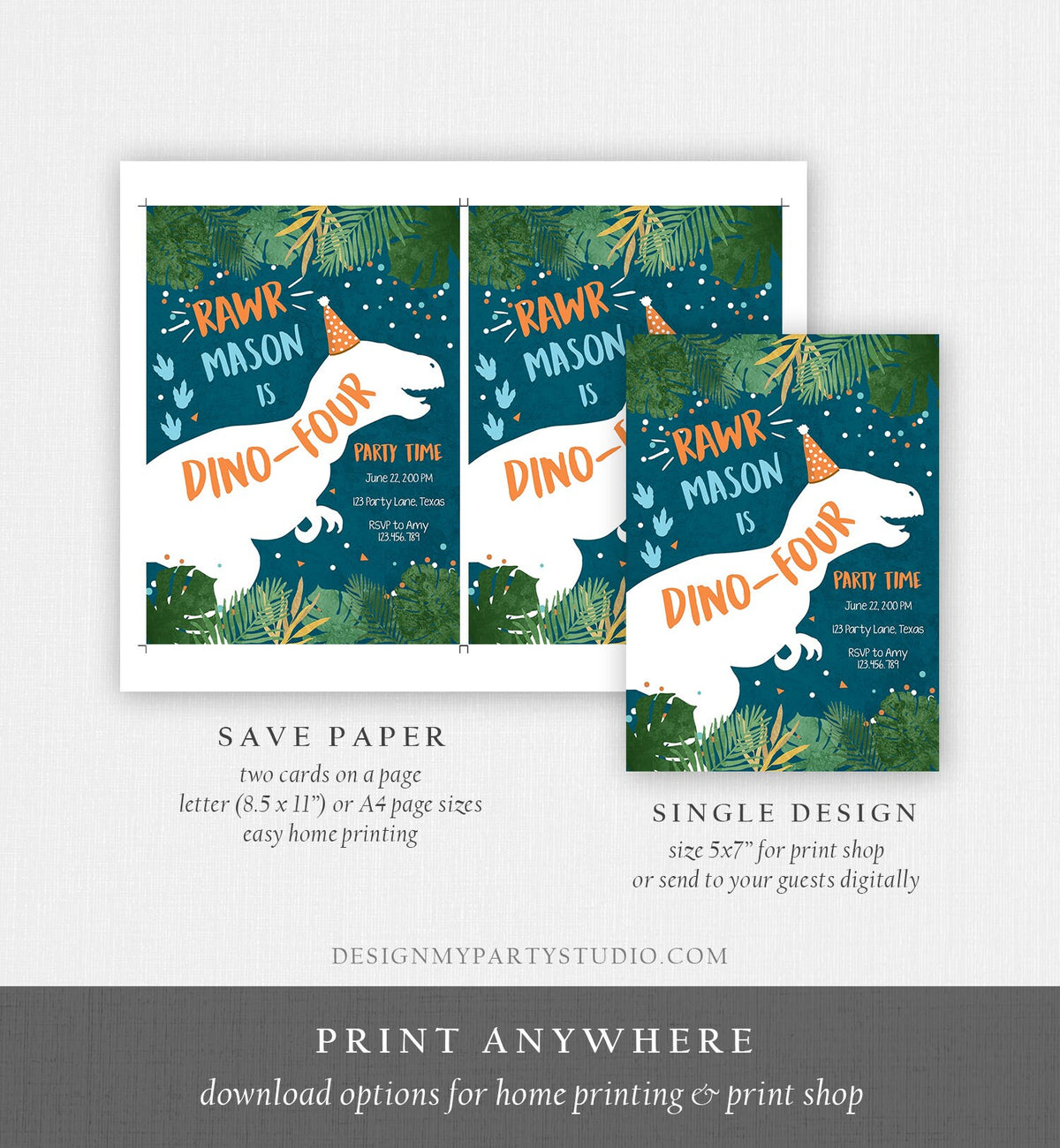 Editable Dino-Four Dinosaur Birthday Invitation Dino T-Rex Boy Fourth Birthday 4th RAWR ROAR Blue Orange Prehistoric Digital Template 0378