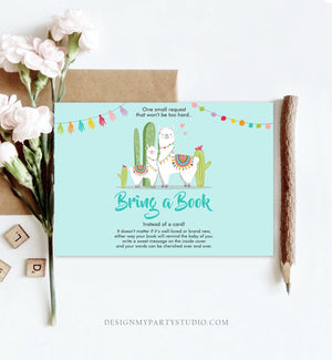 Editable Bring a Book Card Llama Boy Baby Shower Book insert Books for baby Book Request Fiesta Cactus Blue Template PRINTABLE Corjl 0079