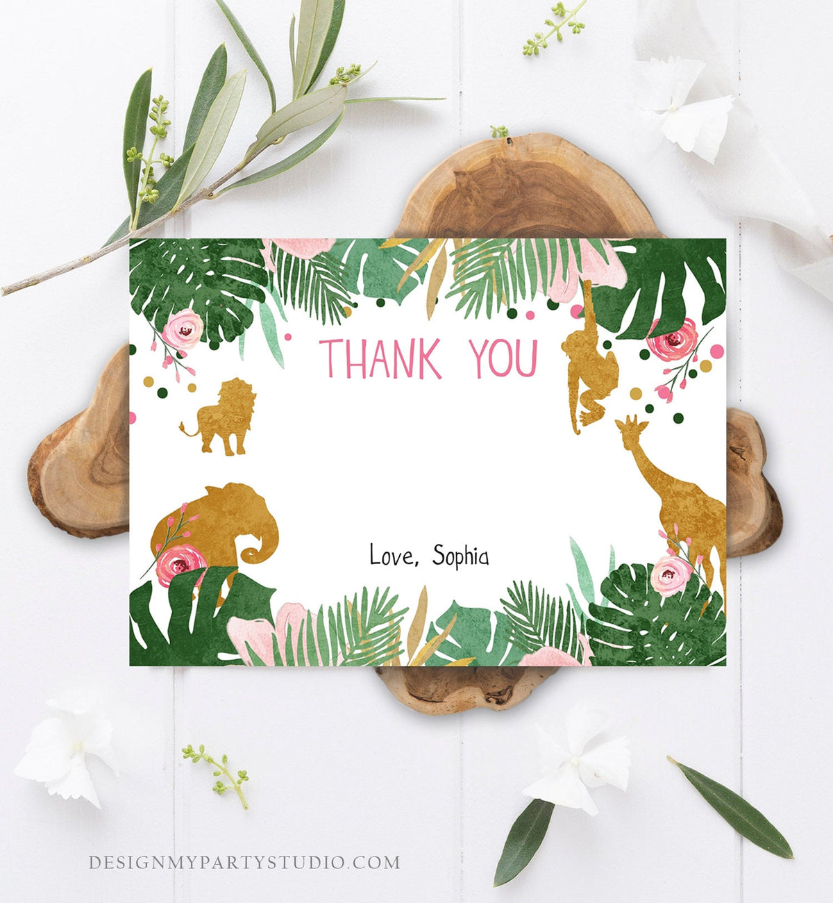 Editable Safari Animals Thank You Card Wild One Thank You Note Pink Gold Girl Jungle Wild Animals Printable Corjl Template Digital 0016