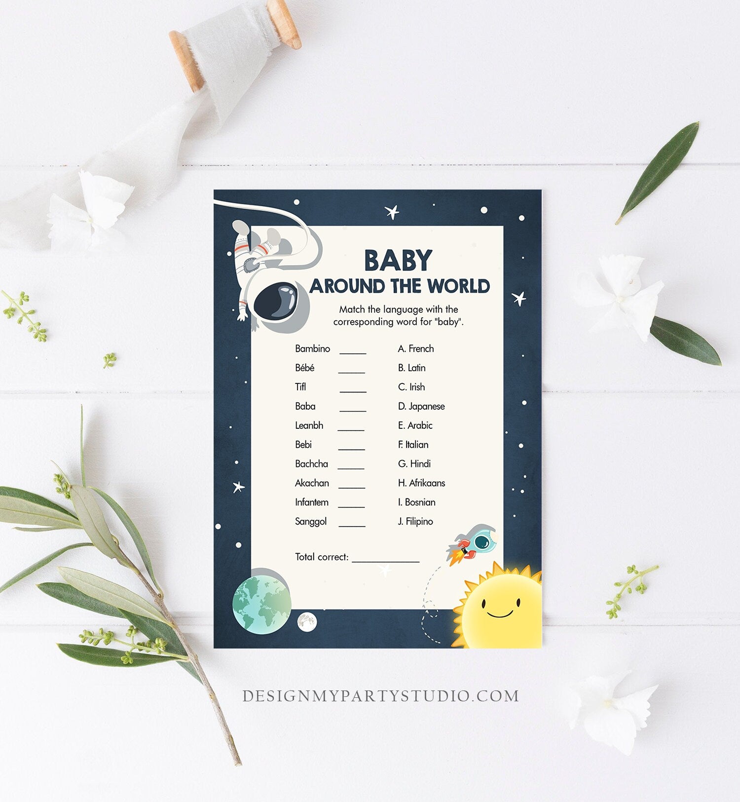 Editable Baby Around the World Game Travel Baby Shower Game Space Baby Shower Activity Astronaut Rocket Boy Corjl Template Printable 0046