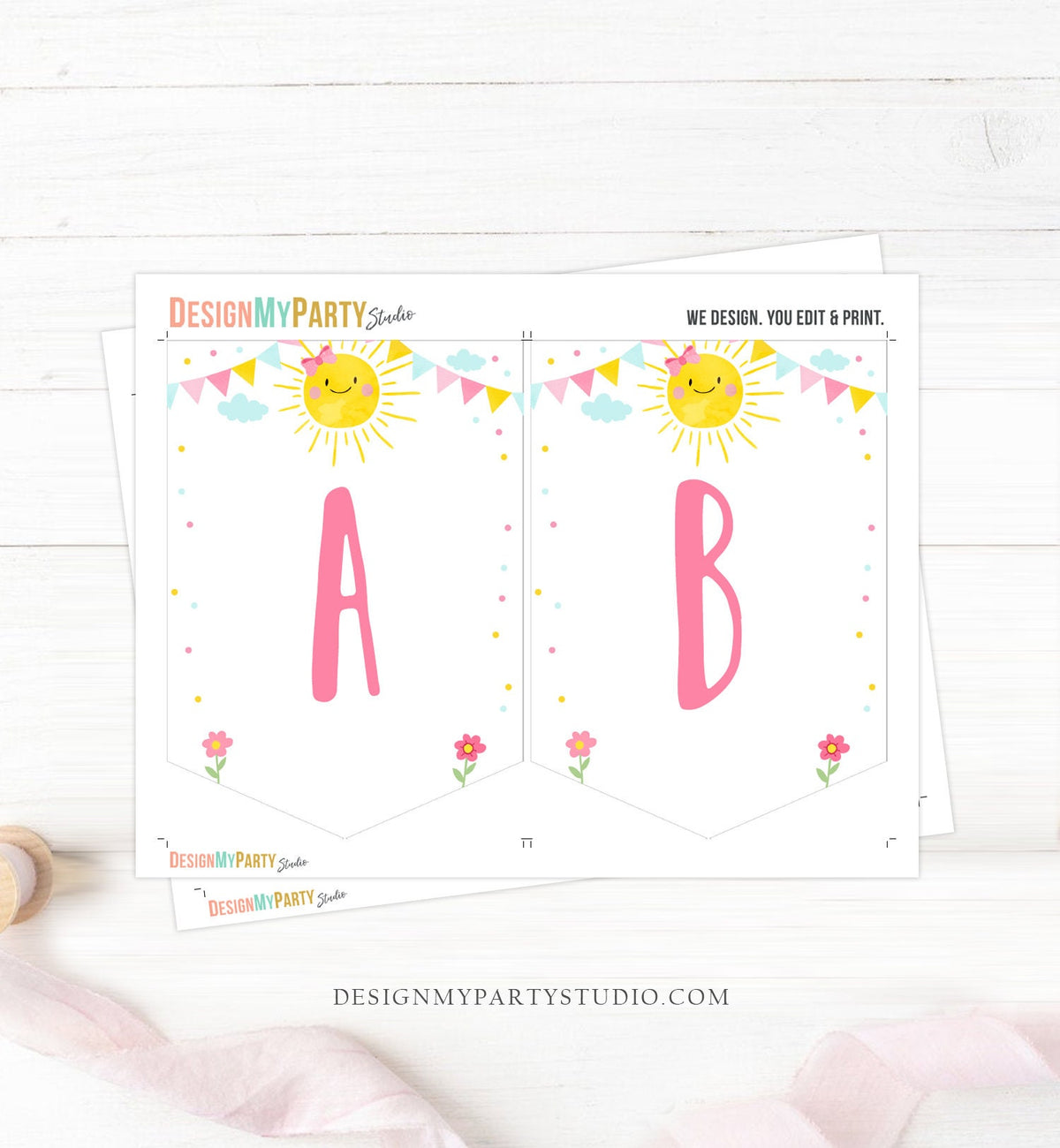 Little Sunshine Birthday Banner A-Z Alphabet Numbers Banner First Happy Birthday Pink Girl Trip Around the Sun Decor Download Printable 0141