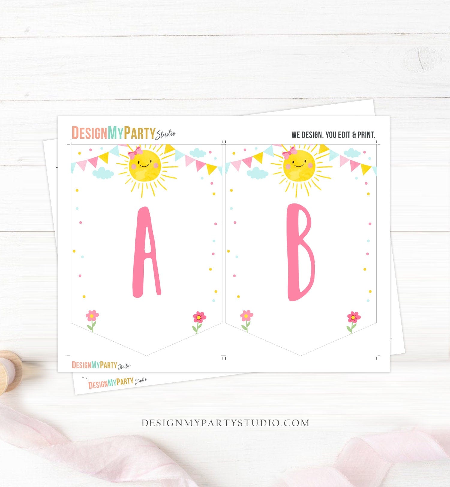 Little Sunshine Birthday Banner A-Z Alphabet Numbers Banner First Happy Birthday Pink Girl Trip Around the Sun Decor Download Printable 0141