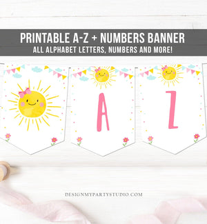 Little Sunshine Birthday Banner A-Z Alphabet Numbers Banner First Happy Birthday Banner Pink Girl Bow Sunshine Decor Download Printable 0141