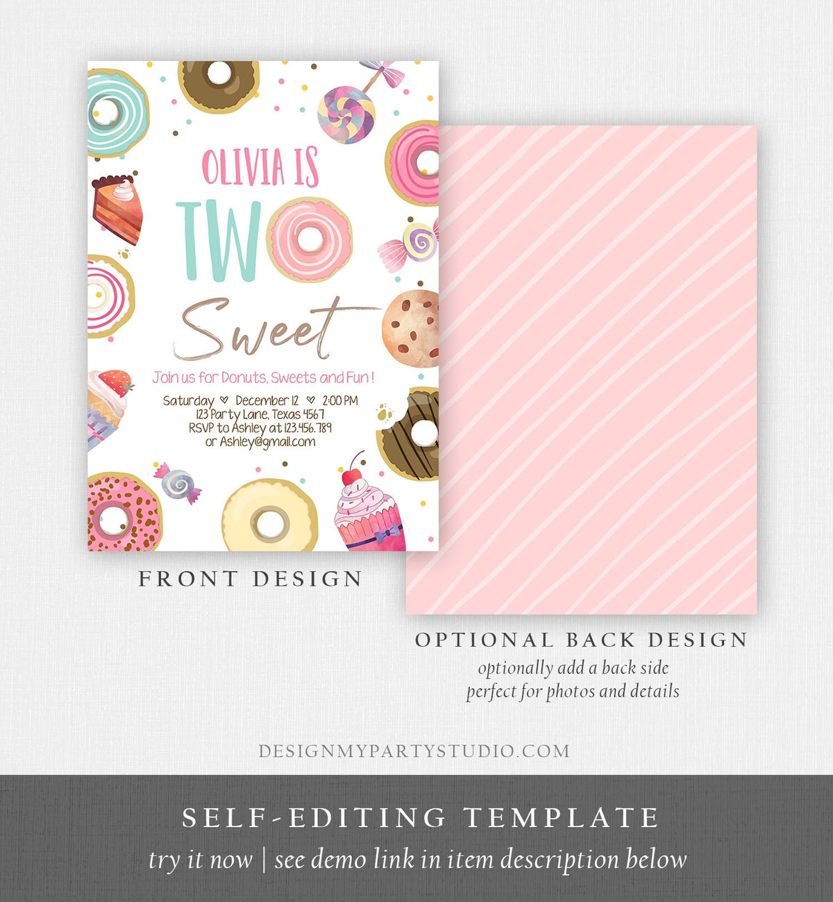 Editable Two Sweet Birthday Invitation Sweet Celebration Second Birthday Party Pink Girl Candy Land Digital Download Template Corjl 0339