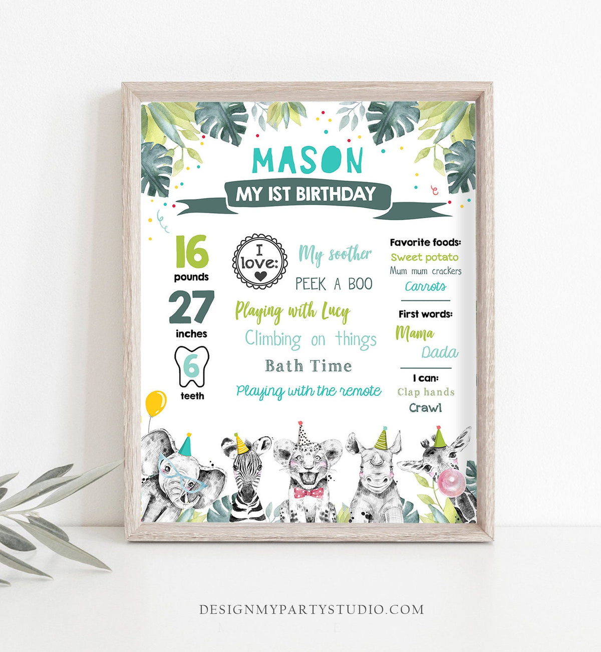 Editable Party Animals Birthday Milestone Sign Boy Green Blue First Birthday 1st Safari Animals Wild Zoo Digital Template Printable 0322