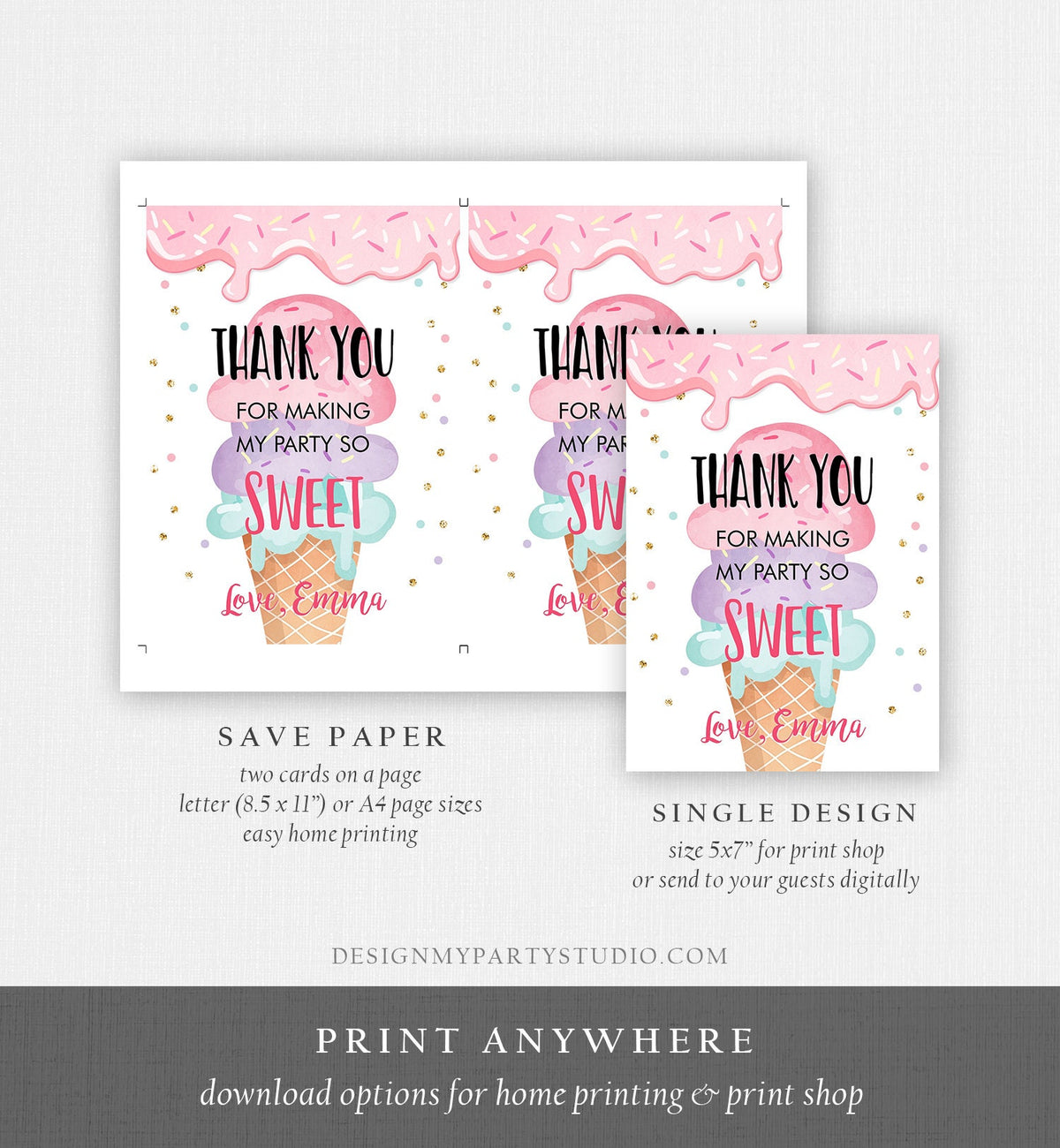Editable Ice Cream Thank You Card Ice Cream Birthday Thank you Note Girl Birthday Summer Digital Download Template Printable 0243