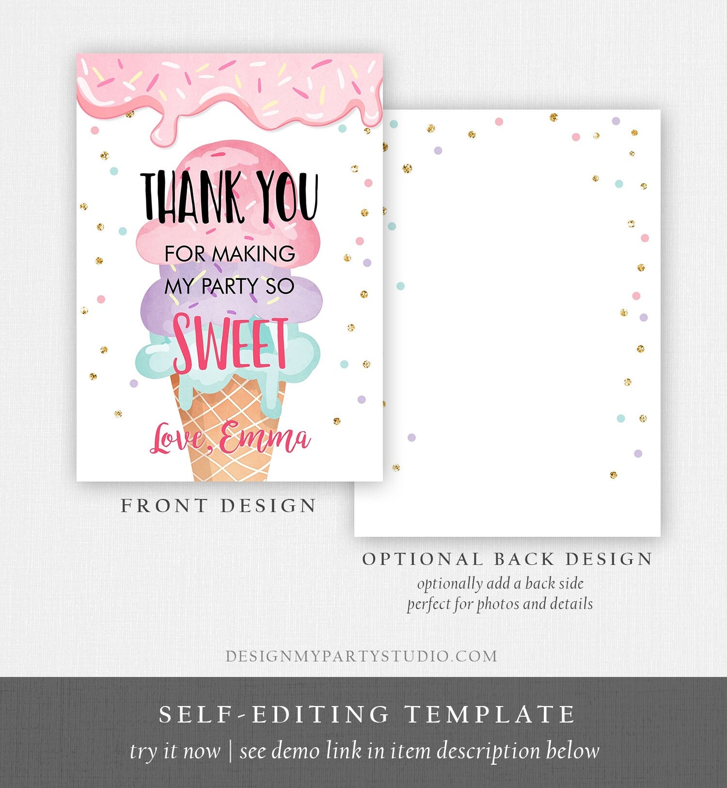 Editable Ice Cream Thank You Card Ice Cream Birthday Thank you Note Girl Birthday Summer Digital Download Template Printable 0243