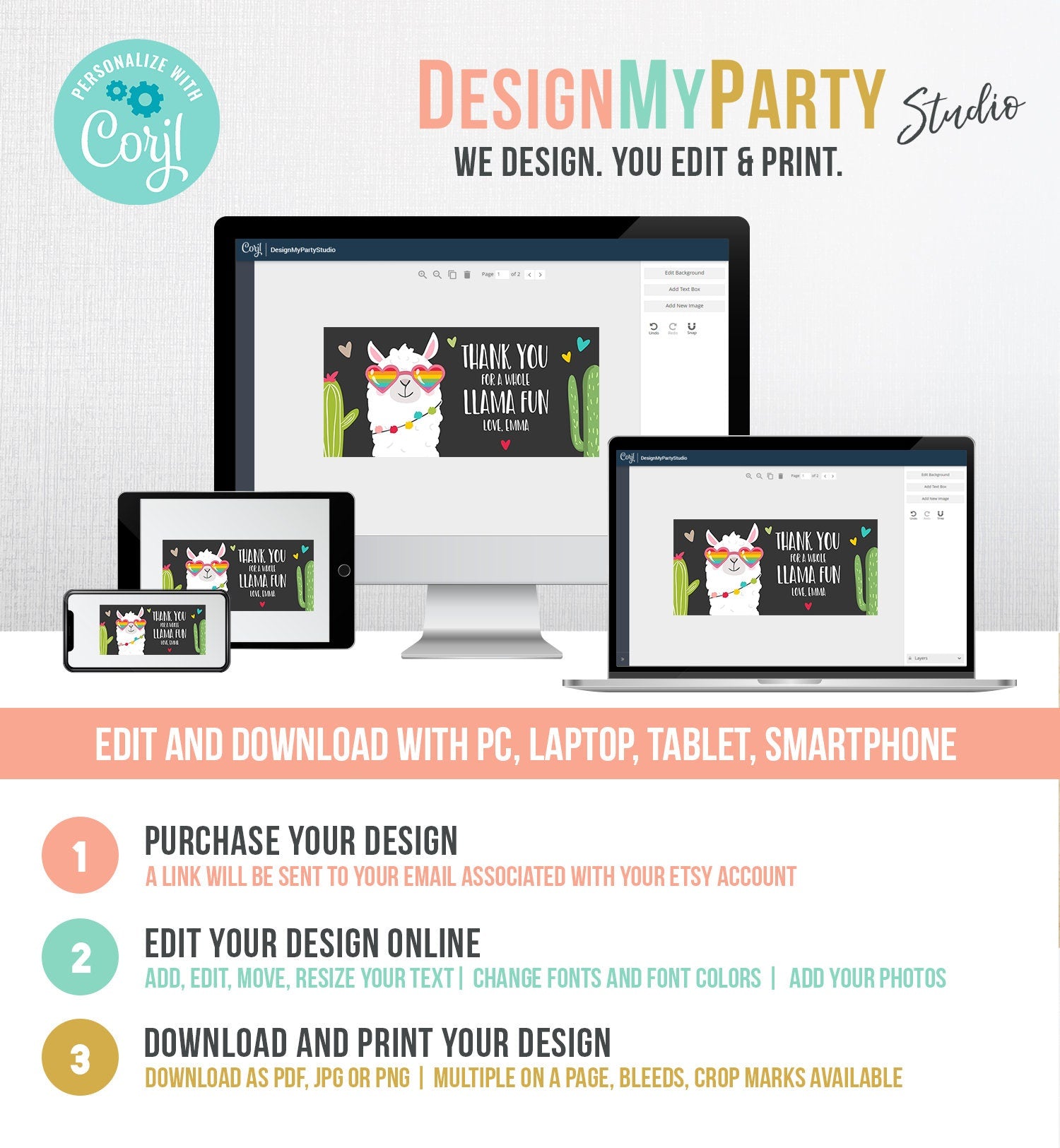 Editable Llama Treat Bag Toppers Llama Birthday Girl Sunglasses Hearts Pink Thank you Whole Llama Fun Loot Bag Fiesta PRINTABLE Corjl 0079