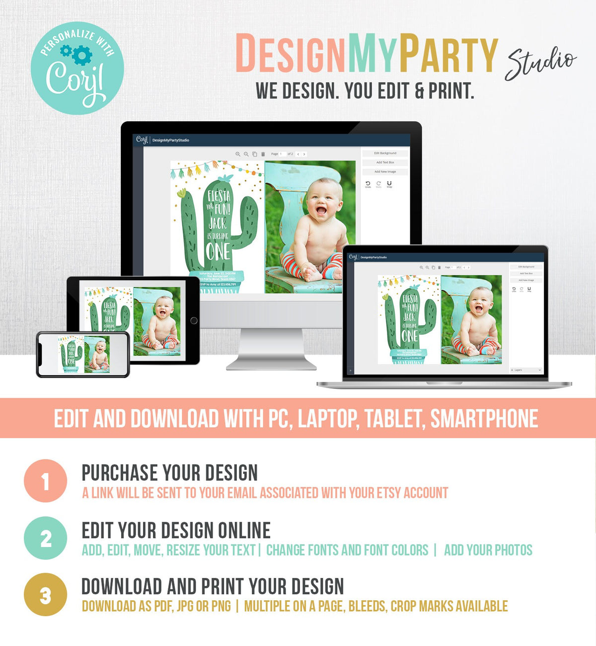 Editable Cactus Fiesta Birthday Invitation Boy Blue First Birthday Succulent 1st Mexican Fiesta and Fun Corjl Photo Template Printable 0255