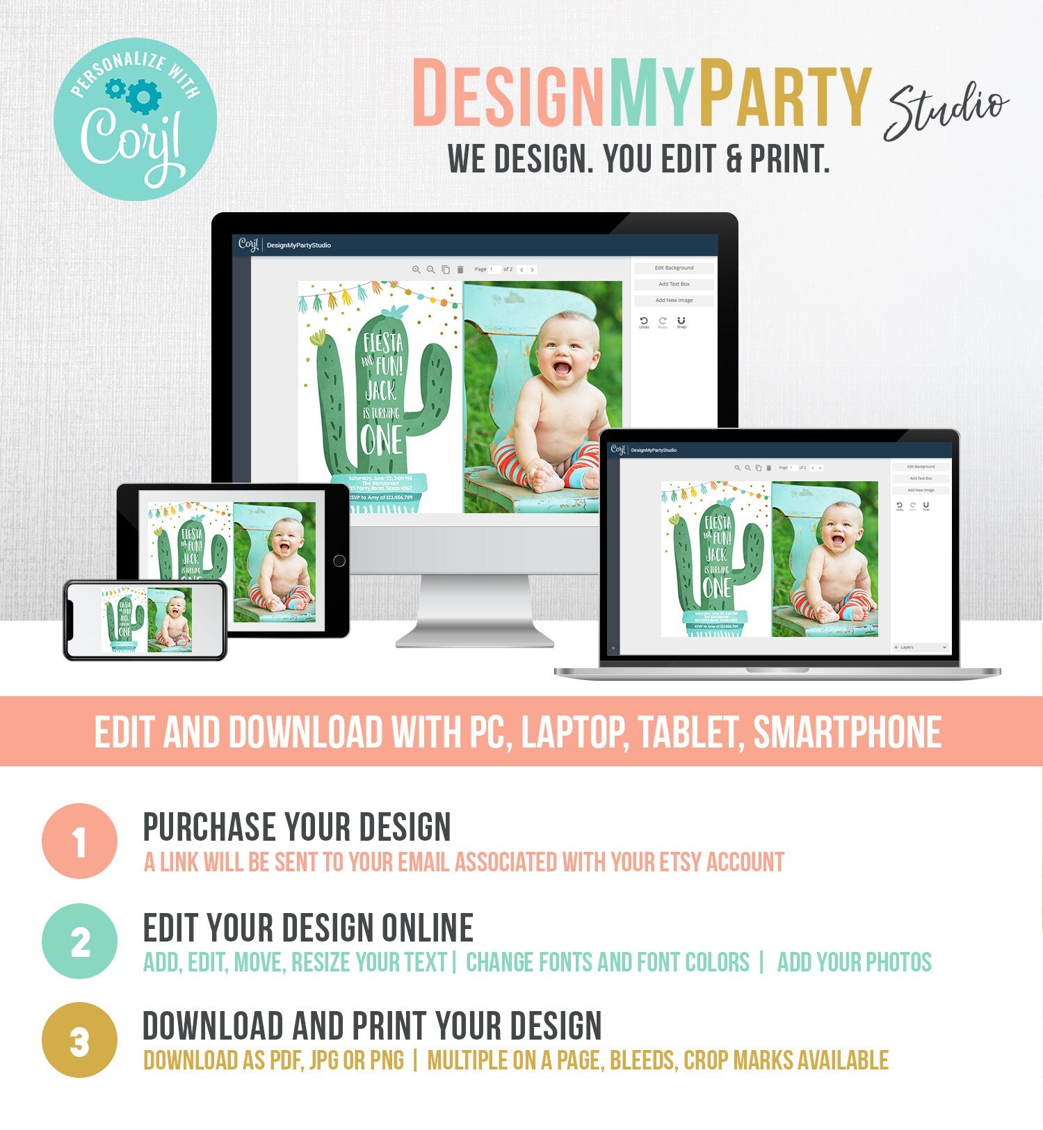 Editable Cactus Fiesta Birthday Invitation Boy Blue First Birthday Succulent 1st Mexican Fiesta and Fun Corjl Photo Template Printable 0255