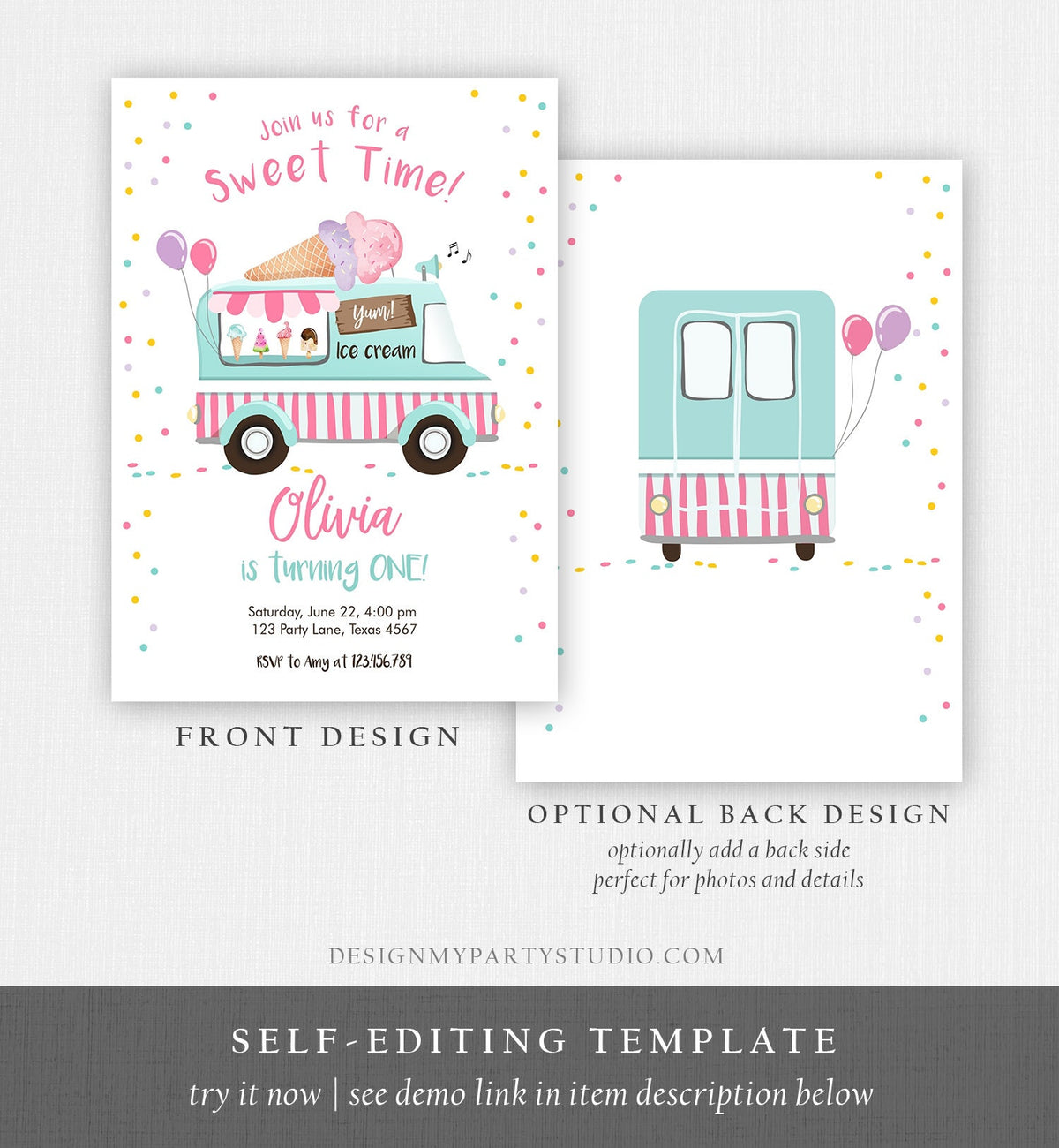 Editable Ice Cream Truck Birthday Invitation Ice Cream Birthday Party Cone Pink Mint Purple Any Age Scoop Printable Template Corjl 0243