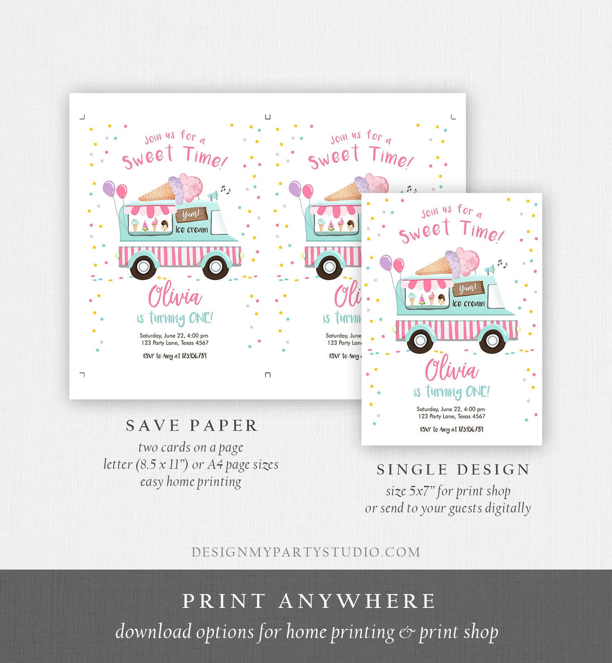 Editable Ice Cream Truck Birthday Invitation Ice Cream Birthday Party Cone Pink Mint Purple Any Age Scoop Printable Template Corjl 0243