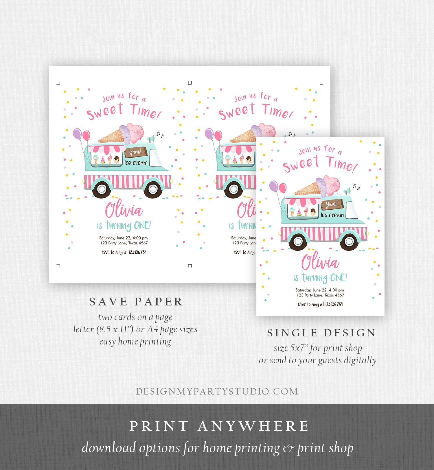 Editable Ice Cream Truck Birthday Invitation Ice Cream Birthday Party Cone Pink Mint Purple Any Age Scoop Printable Template Corjl 0243