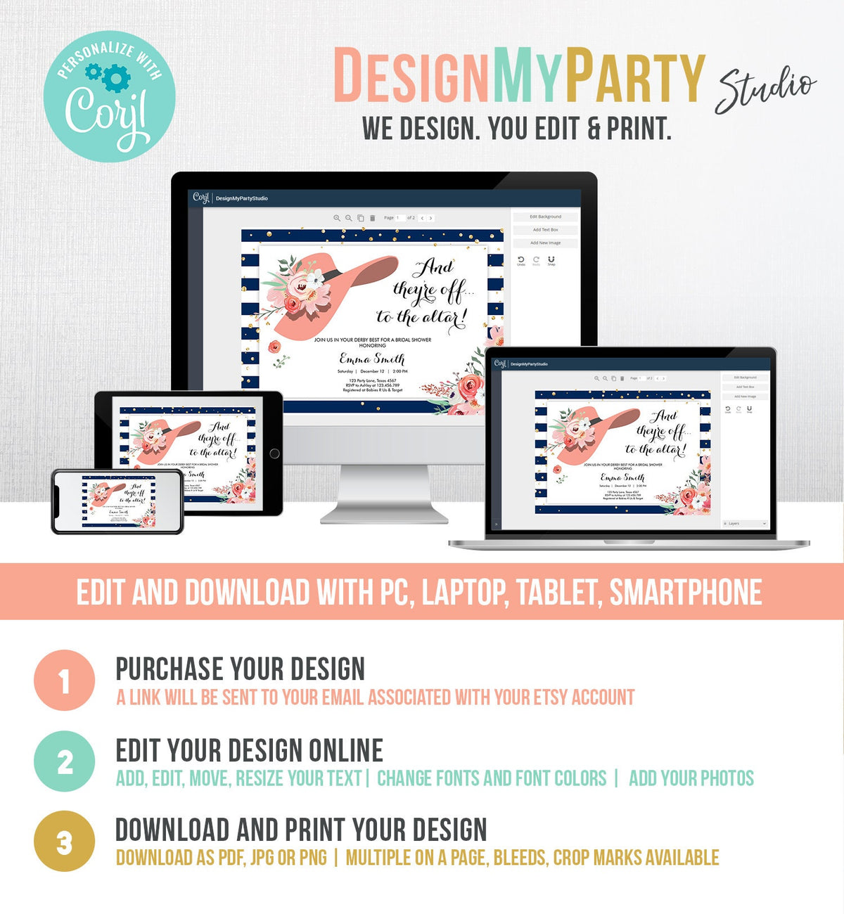 Editable Bridal Shower Invitation Derby Wear a Hat Horse races Floral Rose Gold Blush Pink Navy Blue Download Printable Template Corjl 0249