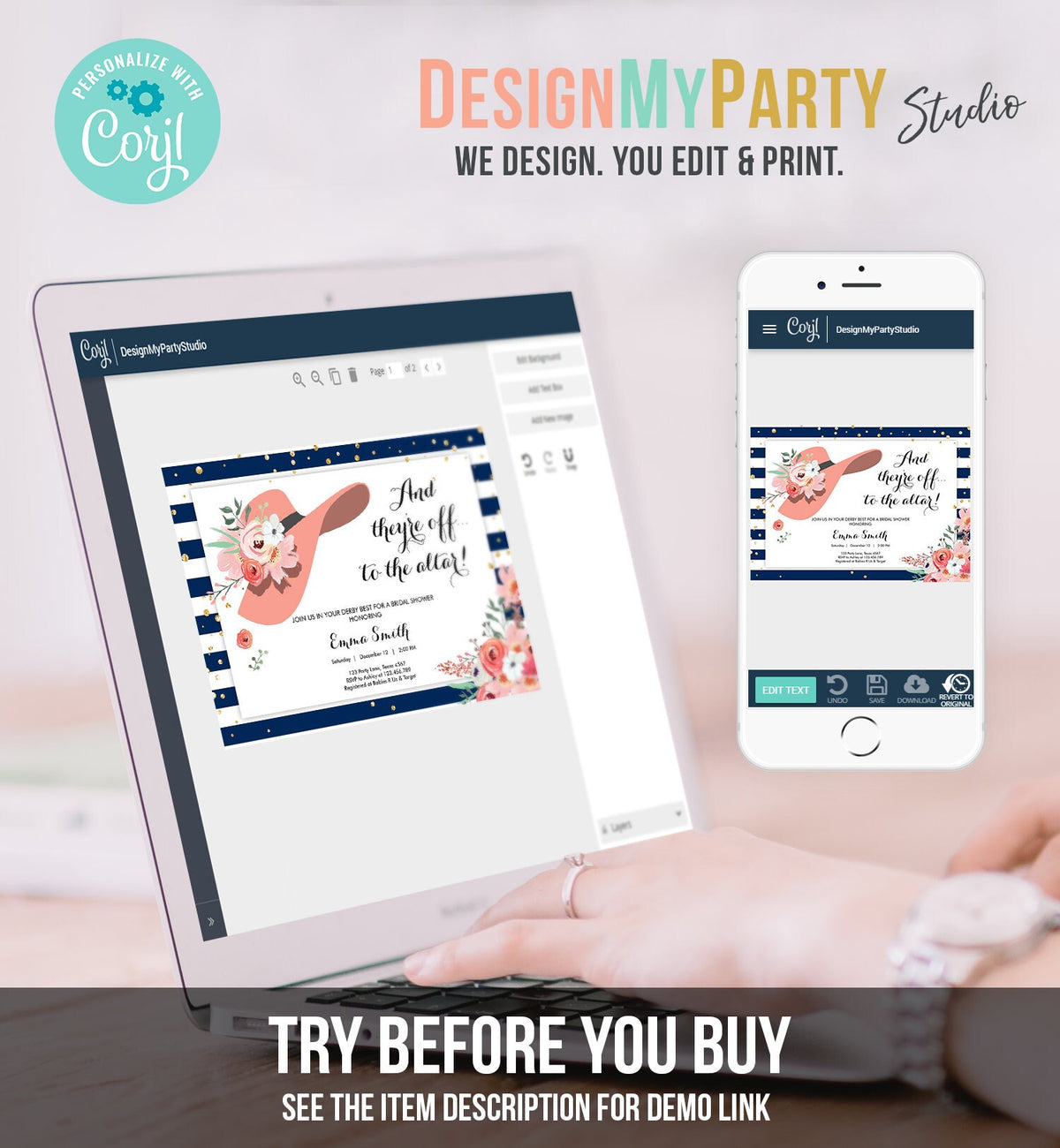 Editable Bridal Shower Invitation Derby Wear a Hat Horse races Floral Rose Gold Blush Pink Navy Blue Download Printable Template Corjl 0249