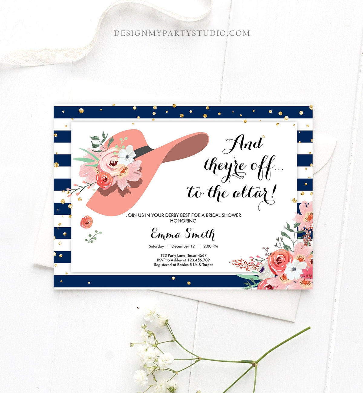 Editable Bridal Shower Invitation Derby Wear a Hat Horse races Floral Rose Gold Blush Pink Navy Blue Download Printable Template Corjl 0249