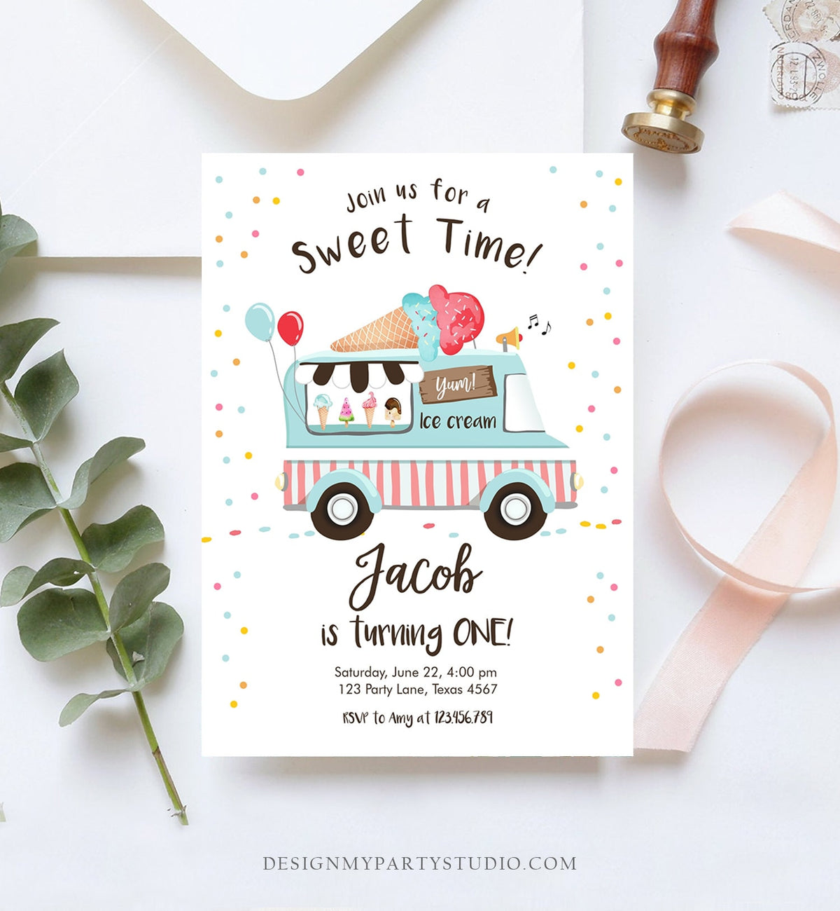 Editable Ice Cream Truck Birthday Invitation Ice Cream Party Cone Boy Girl Sweet Time Digital Download Evite Template Printable 0243