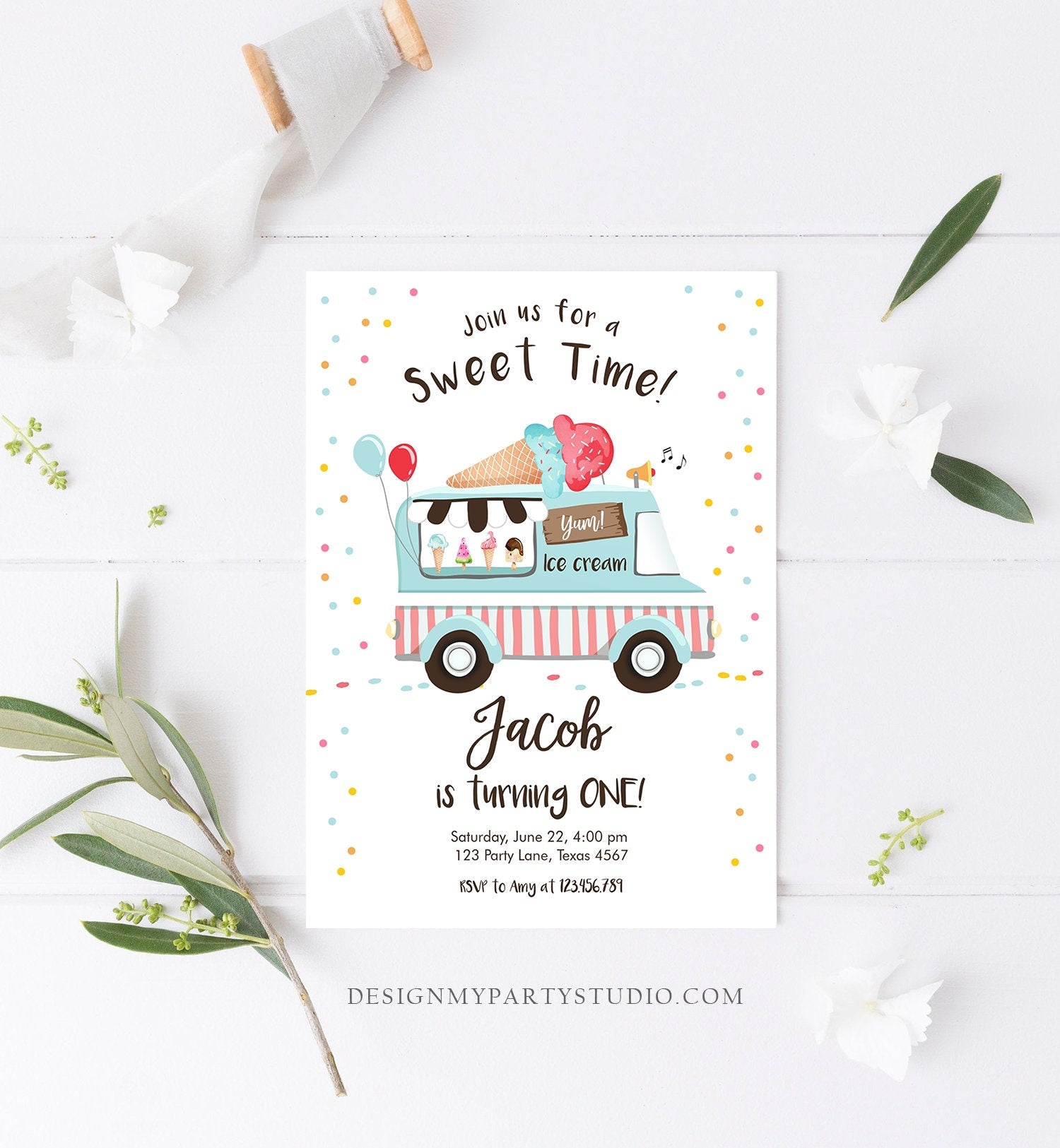 Editable Ice Cream Truck Birthday Invitation Ice Cream Party Cone Boy Girl Sweet Time Digital Download Evite Template Printable 0243