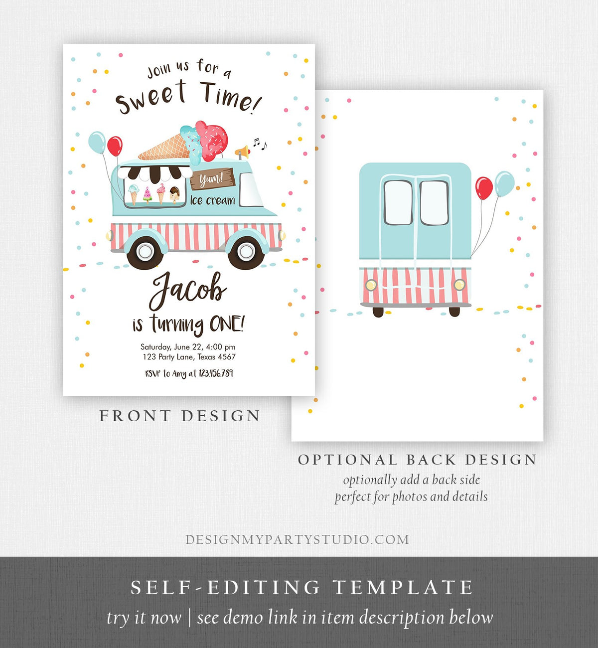 Editable Ice Cream Truck Birthday Invitation Ice Cream Party Cone Boy Girl Sweet Time Digital Download Evite Template Printable 0243
