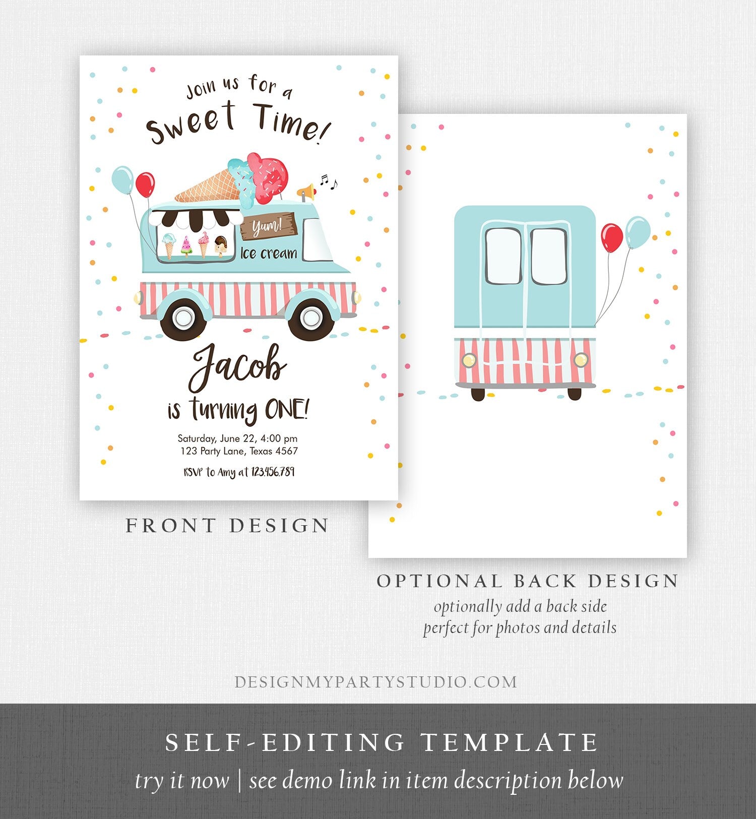 Editable Ice Cream Truck Birthday Invitation Ice Cream Party Cone Boy Girl Sweet Time Digital Download Evite Template Printable 0243