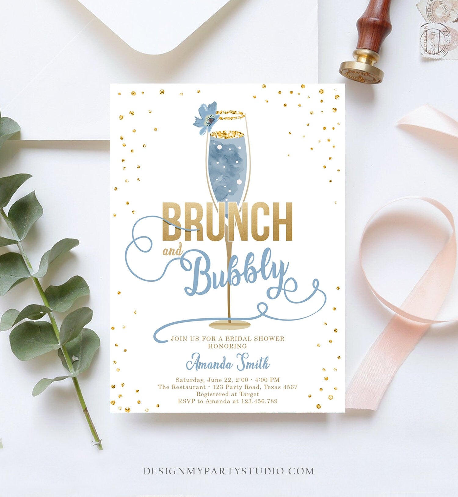 Editable Brunch and Bubbly Bridal Shower Invitation Floral Champagne Gold Dusty Blue Wedding Download Printable Template Digital Corjl 0150
