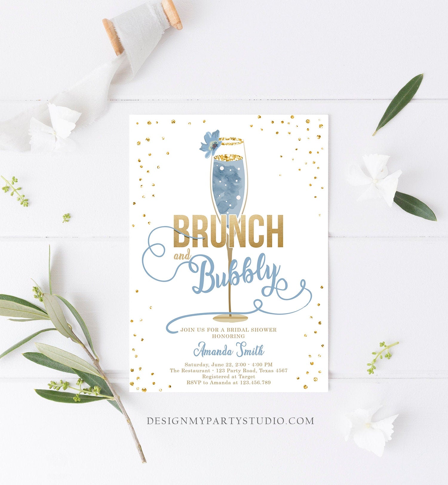 Editable Brunch and Bubbly Bridal Shower Invitation Floral Champagne Gold Dusty Blue Wedding Digital Download Evite Template Printable 0150