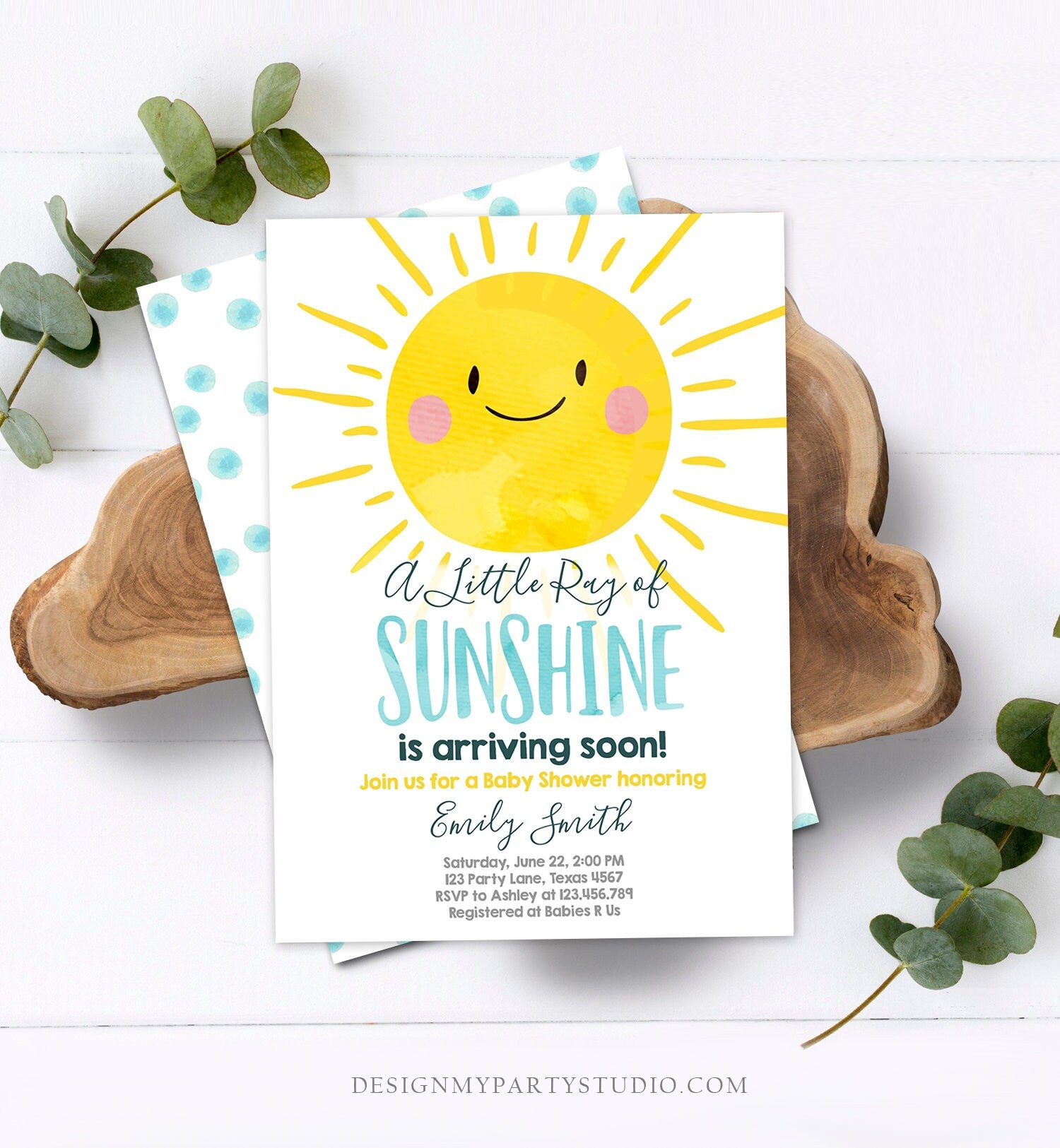 Editable Baby Shower Invitation A Ray of Sunshine Little Sunshine Blue Yellow Boy Invite Template Instant Download Digital Corjl 0141