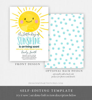 Editable Baby Shower Invitation A Ray of Sunshine Little Sunshine Blue Yellow Boy Invite Template Instant Download Digital Corjl 0141