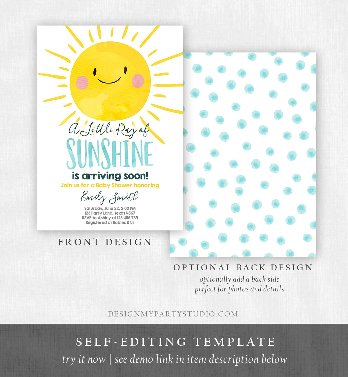 Editable Baby Shower Invitation A Ray of Sunshine Little Sunshine Blue Yellow Boy Invite Template Instant Download Digital Corjl 0141