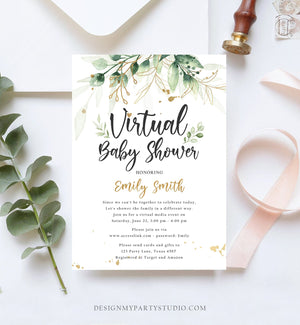 Editable Virtual Baby Shower Invitation Drive By Through Social Distancing Gold Green Floral Greenery Couples Quarantine Corjl Template 0168