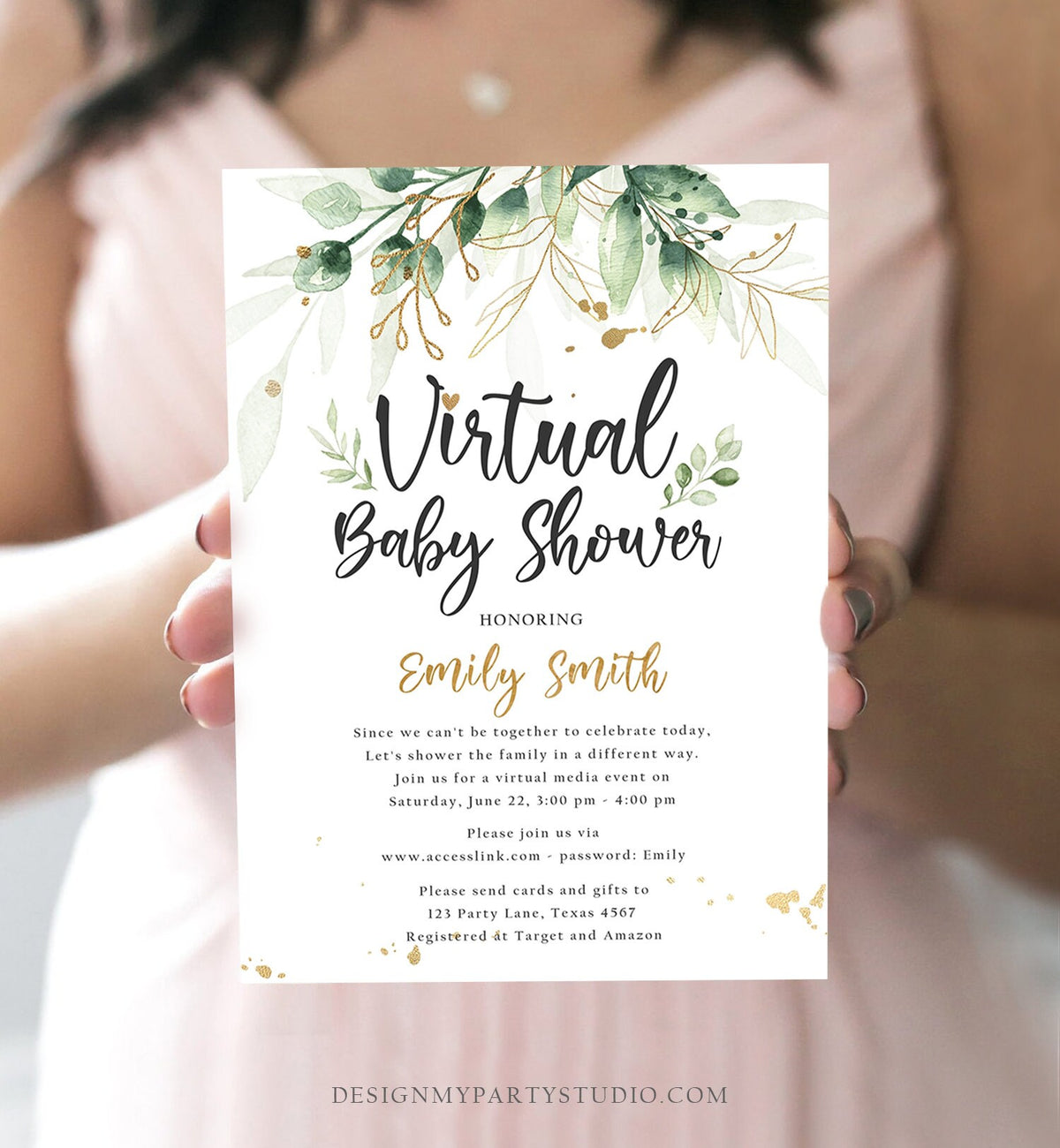 Editable Virtual Baby Shower Invitation Drive By Through Social Distancing Gold Green Floral Greenery Couples Quarantine Corjl Template 0168