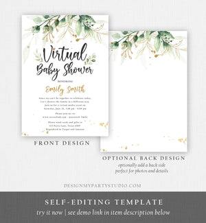 Editable Virtual Baby Shower Invitation Drive By Through Social Distancing Gold Green Floral Greenery Couples Quarantine Corjl Template 0168