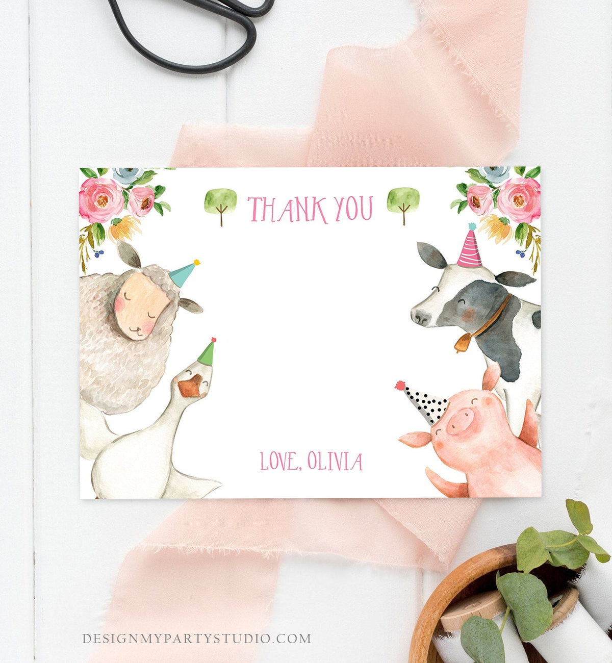Editable Farm Animals Thank You Card Pink Gingham Farm Birthday Girl Barnyard Thank You Card Birthday Template Digital Instant Download 0155