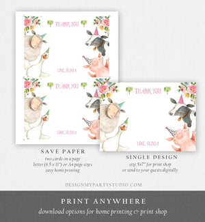 Editable Farm Animals Thank You Card Pink Gingham Farm Birthday Girl Barnyard Thank You Card Birthday Template Instant Download Corjl 0155