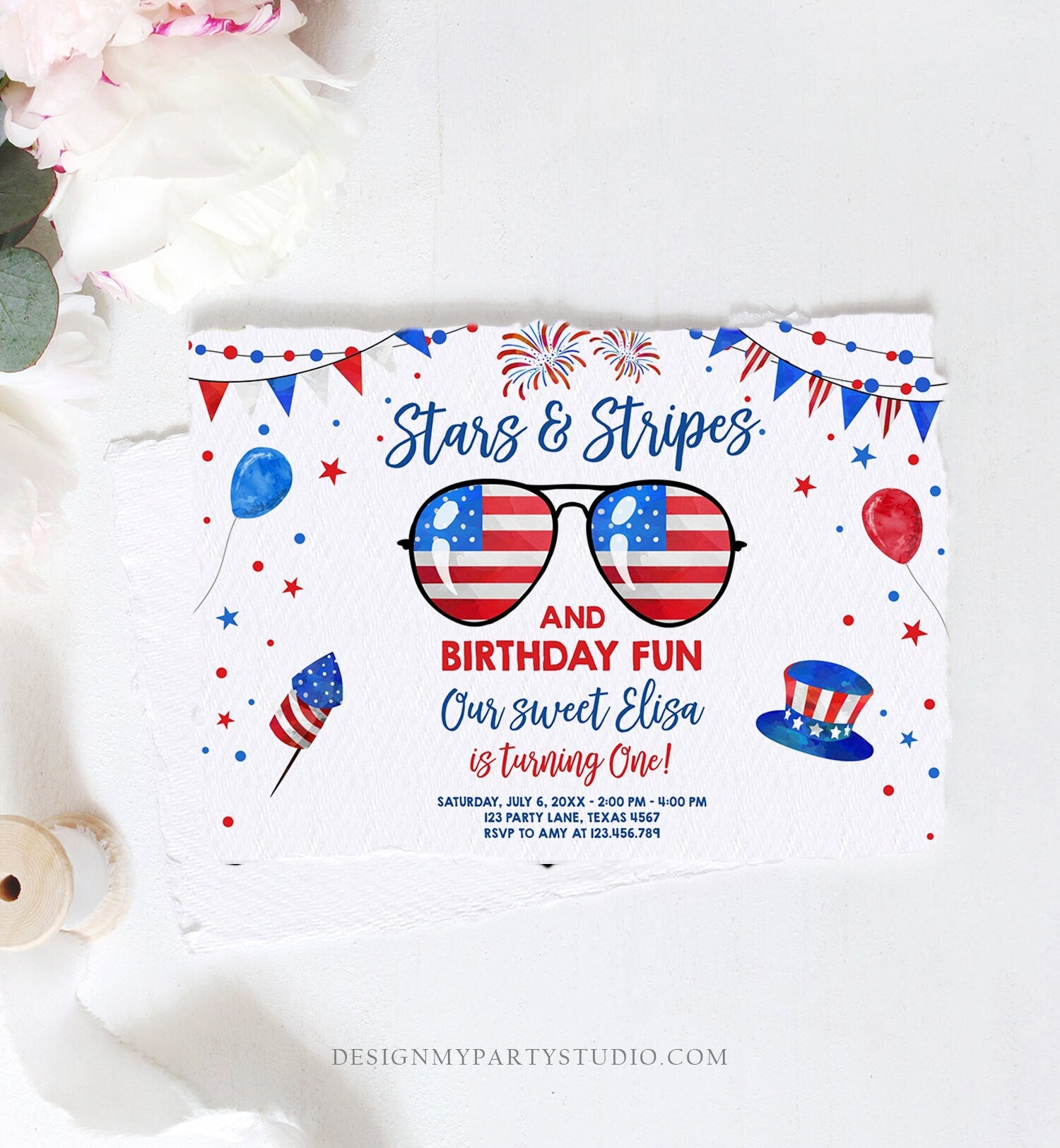 Editable Memorial Day Birthday Invitation 4th of July Little Firecracker Stars and Stripes Red White Blue Template Corjl Digital 0122