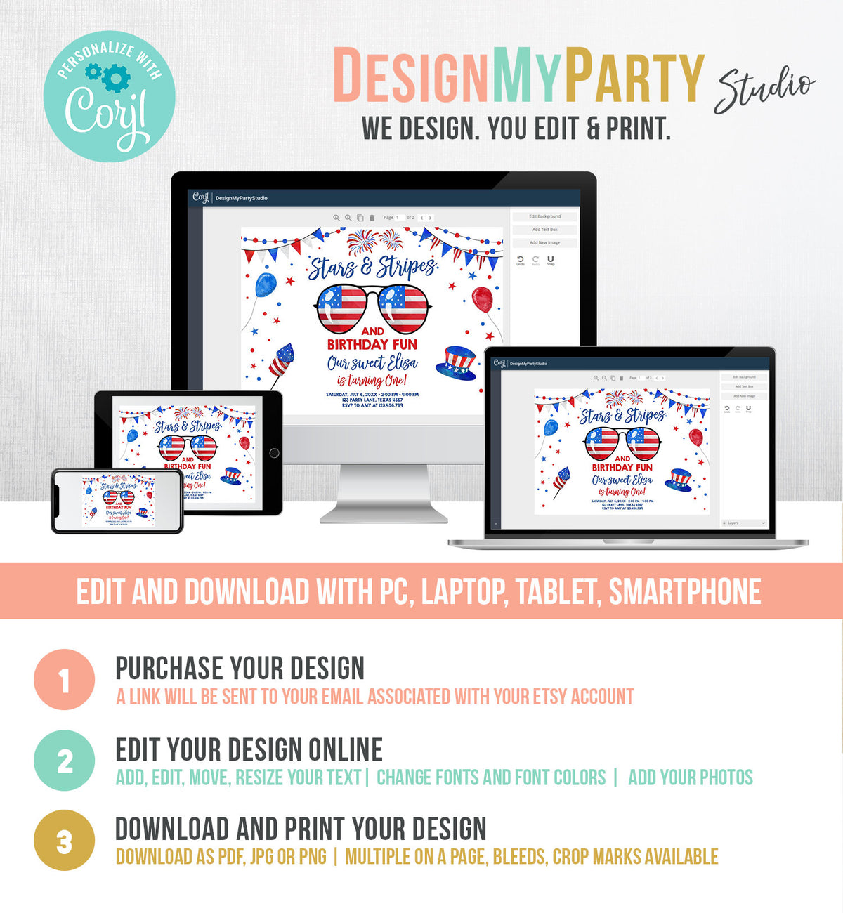 Editable Memorial Day Birthday Invitation 4th of July Little Firecracker Stars and Stripes Red White Blue Template Corjl Digital 0122