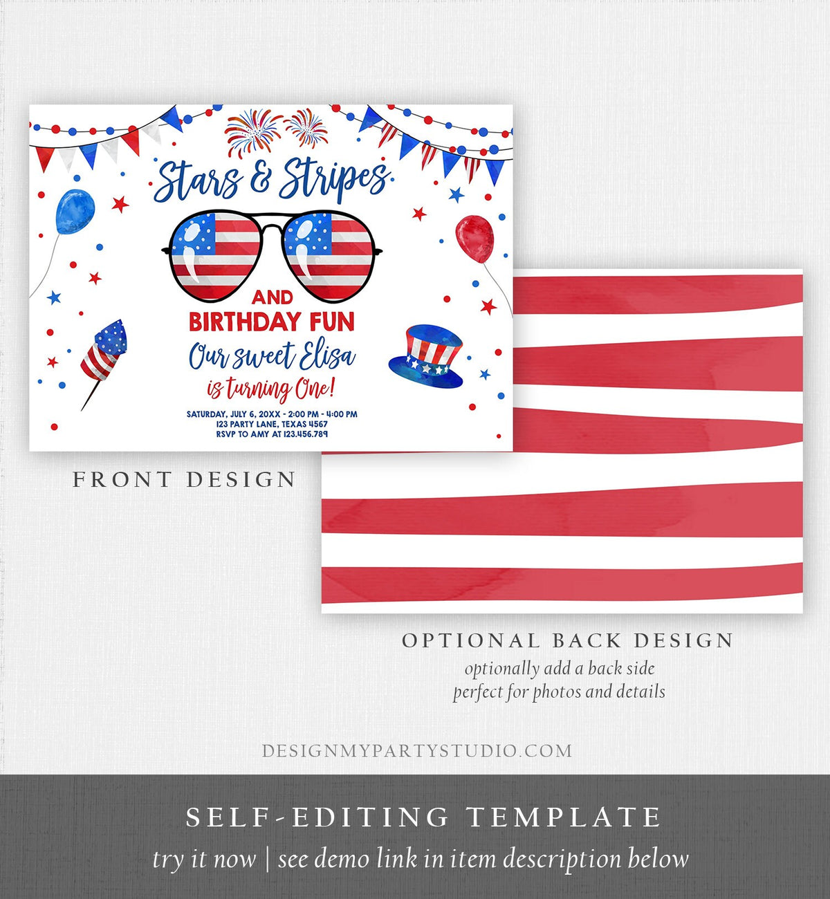 Editable Memorial Day Birthday Invitation 4th of July Little Firecracker Stars and Stripes Red White Blue Template Corjl Digital 0122