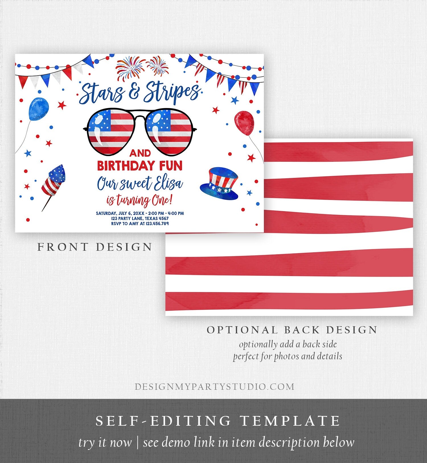 Editable Memorial Day Birthday Invitation 4th of July Little Firecracker Stars and Stripes Red White Blue Template Corjl Digital 0122