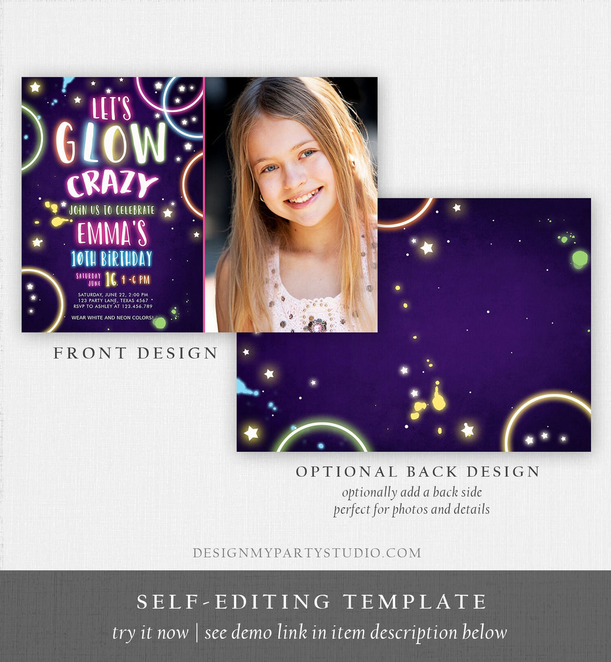 Editable Let&#39;s Glow Crazy Birthday Invitation Glow Party Neon Glow In The Dark Party Girls Teen Pink Download Printable Template Corjl 0172