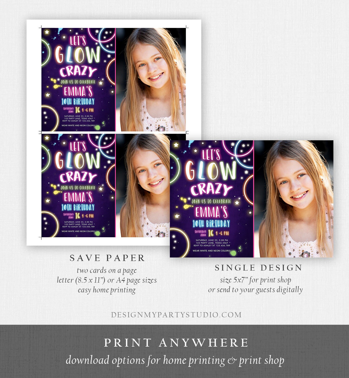 Editable Let&#39;s Glow Crazy Birthday Invitation Glow Party Neon Glow In The Dark Party Girls Teen Pink Download Printable Template Corjl 0172