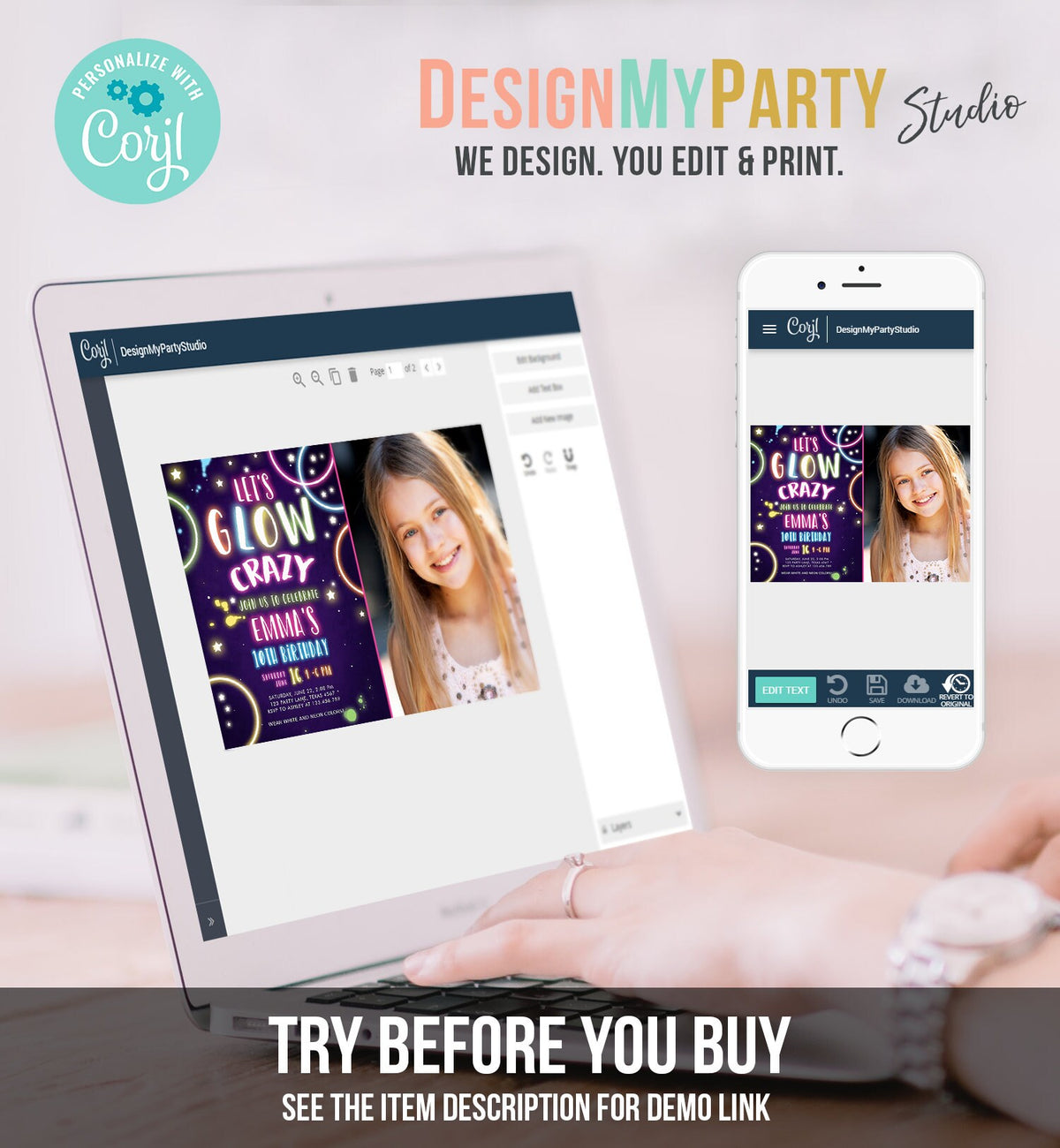 Editable Let&#39;s Glow Crazy Birthday Invitation Glow Party Neon Glow In The Dark Party Girls Teen Pink Download Printable Template Corjl 0172