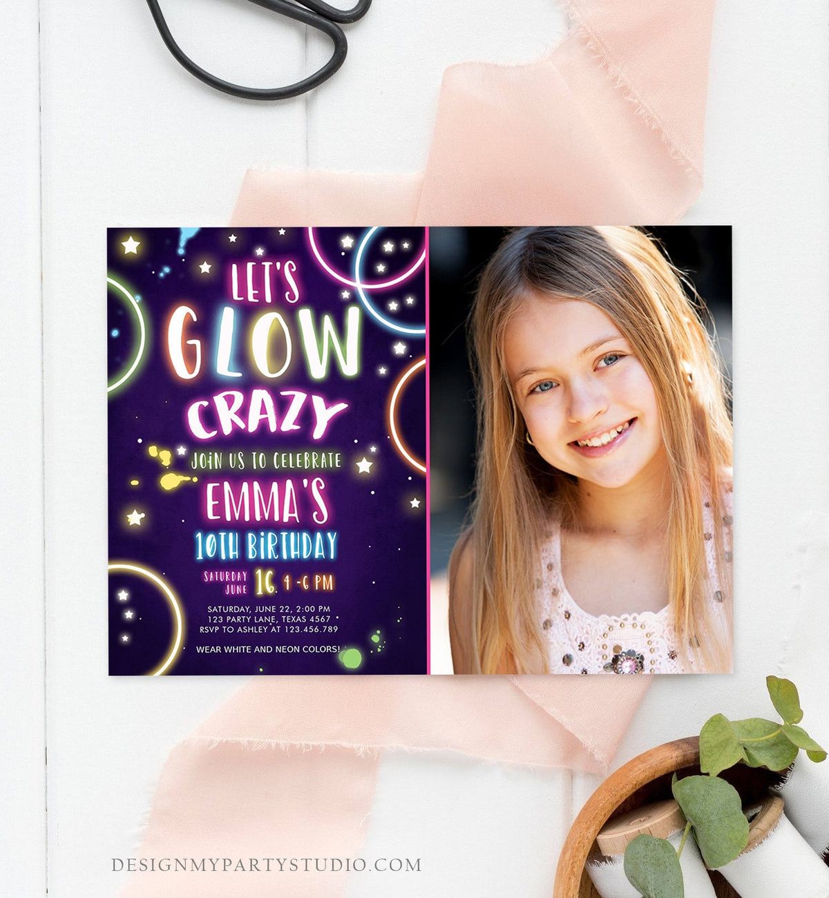 Editable Let&#39;s Glow Crazy Birthday Invitation Glow Party Neon Glow In The Dark Party Girls Teen Pink Download Printable Template Corjl 0172