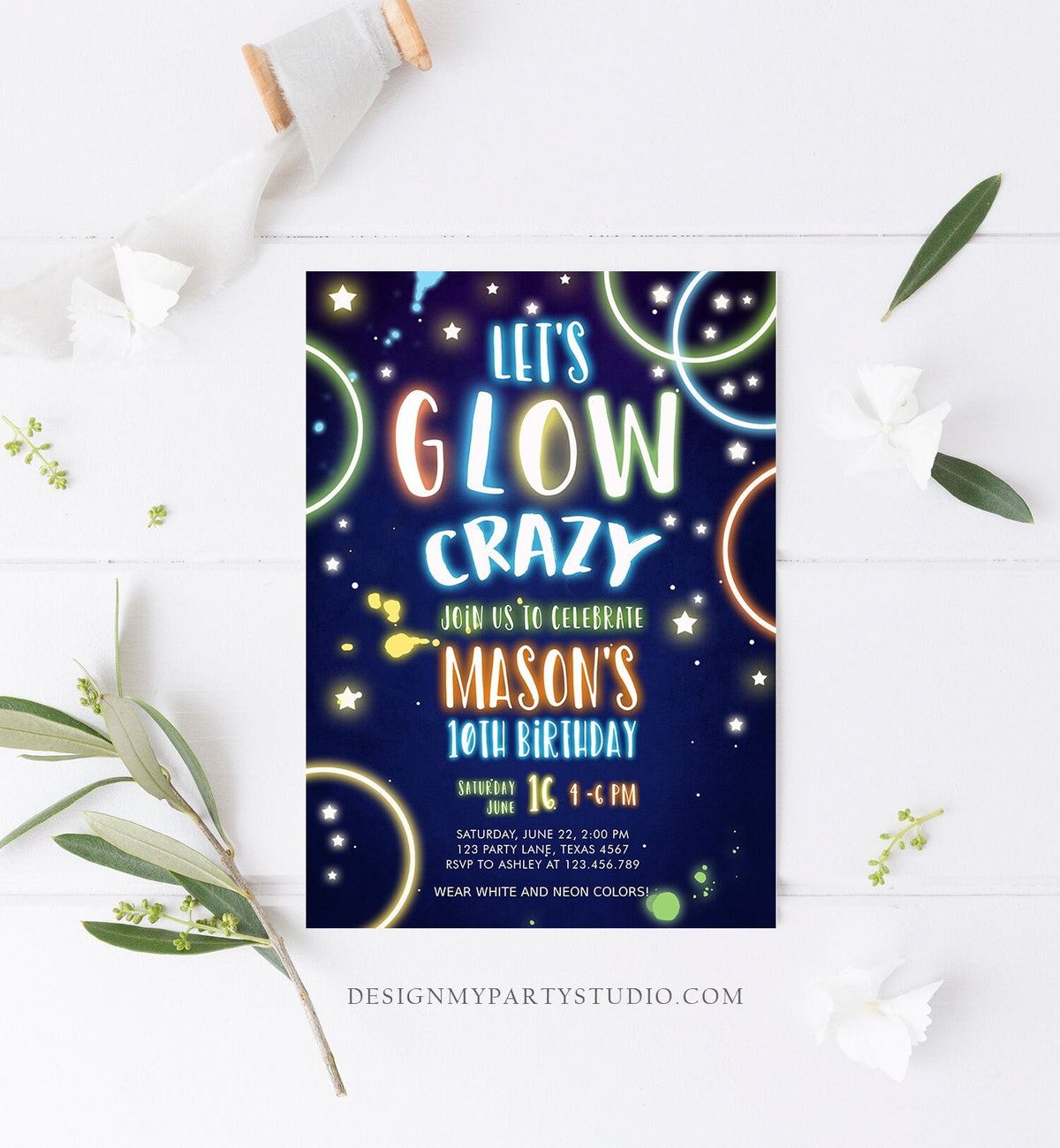 Editable Let&#39;s Glow Crazy Birthday Invitation Glow Party Neon Glow In The Dark Party Boy Teen Blue Download Printable Template Corjl 0172
