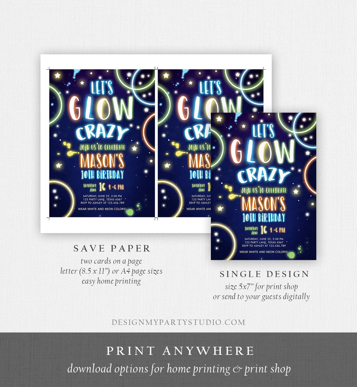 Editable Let&#39;s Glow Crazy Birthday Invitation Glow Party Neon Glow In The Dark Party Boy Teen Blue Download Printable Template Corjl 0172
