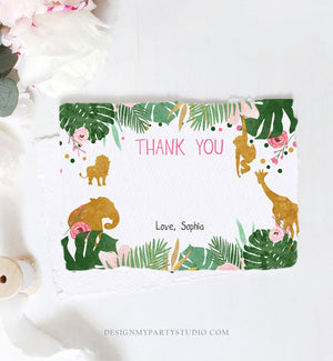 Editable Safari Animals Thank You Card Wild One Thank You Note Pink Gold Girl Jungle Wild Animals Printable Corjl Template Digital 0016