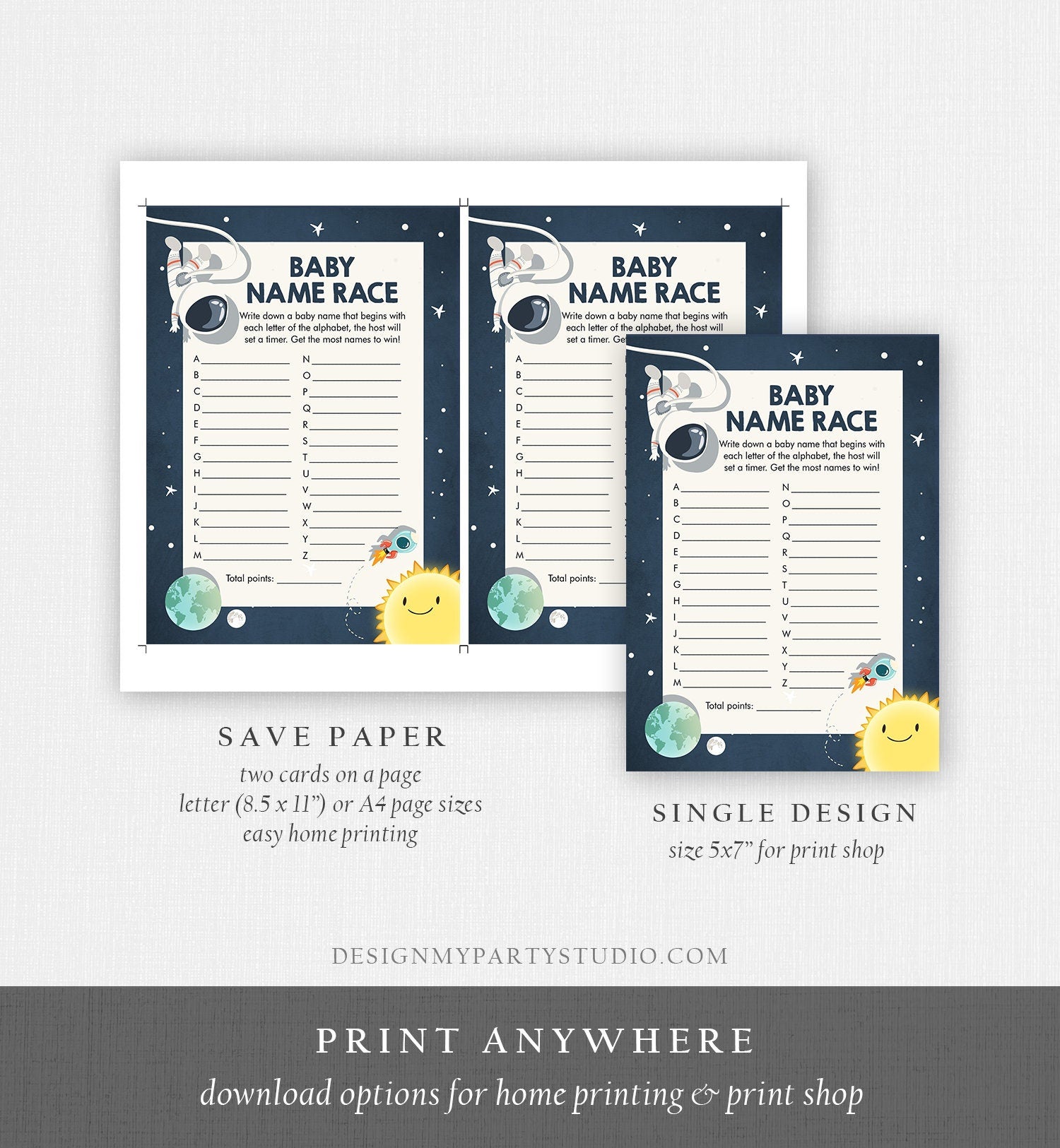 Editable Baby Name Race Baby Shower Game Space Baby Shower Activity Astronaut Rocket Boy Space Ship Fun Names Template Printable 0046