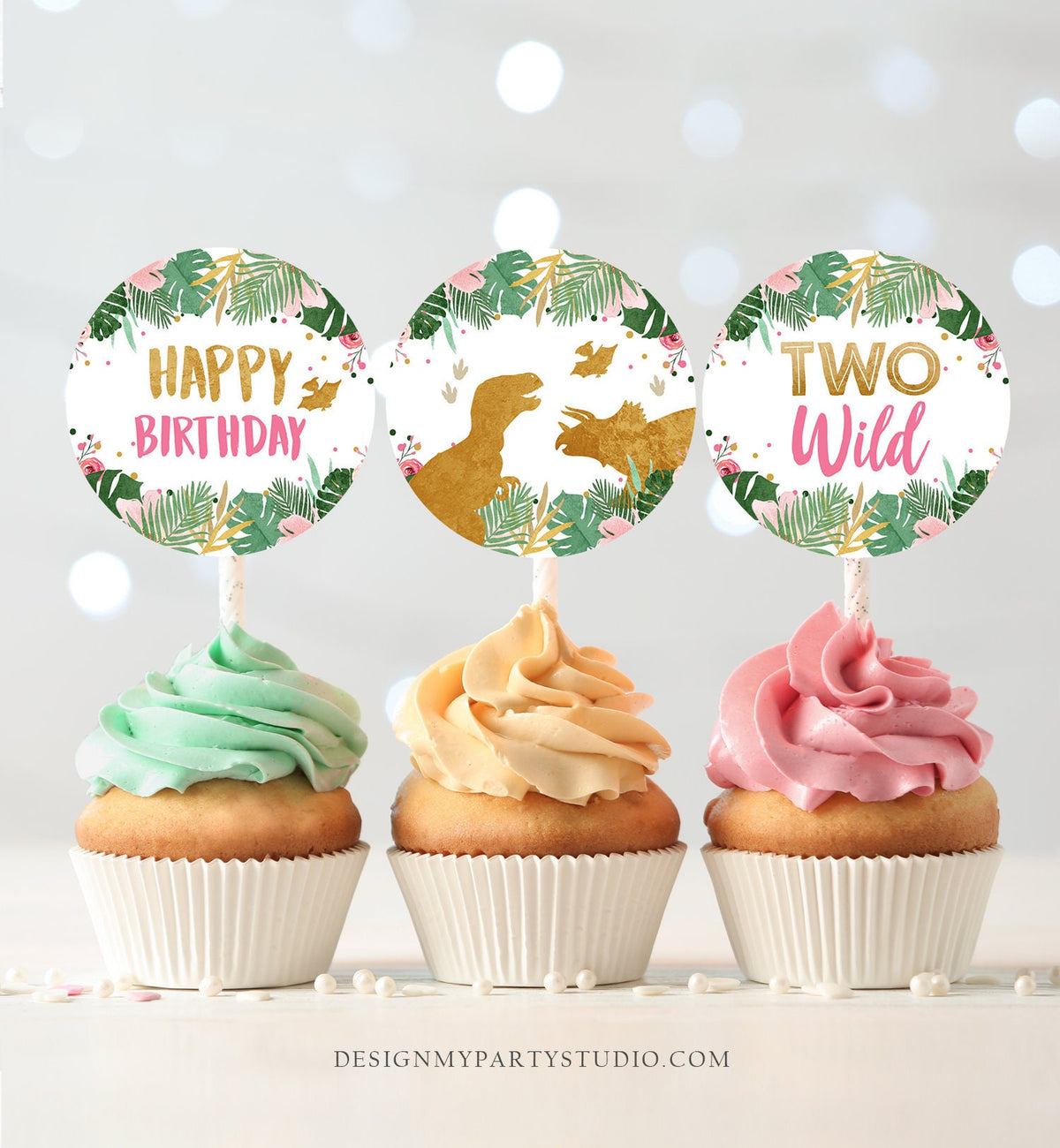 Two Wild Cupcake Toppers Favor Tags Dinosaur Second Birthday Party 2nd Decor Girl Stickers Dino Party Pink Gold Download Printable 0146