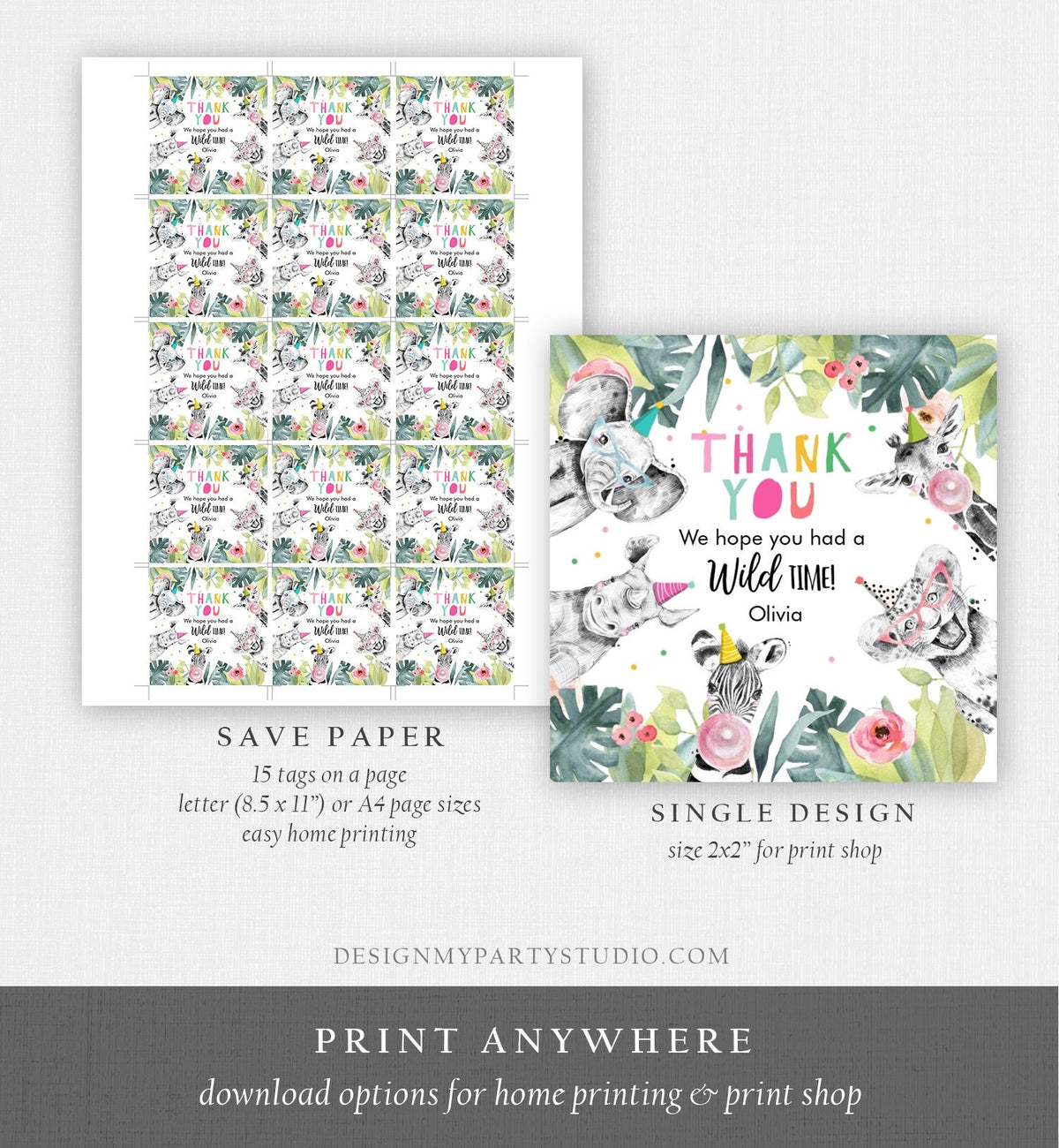 Editable Party Animals Favor Tag Wild One Animals Thank You Gift Safari Animals Birthday Wild Time Stickers Digital Template Printable 0322